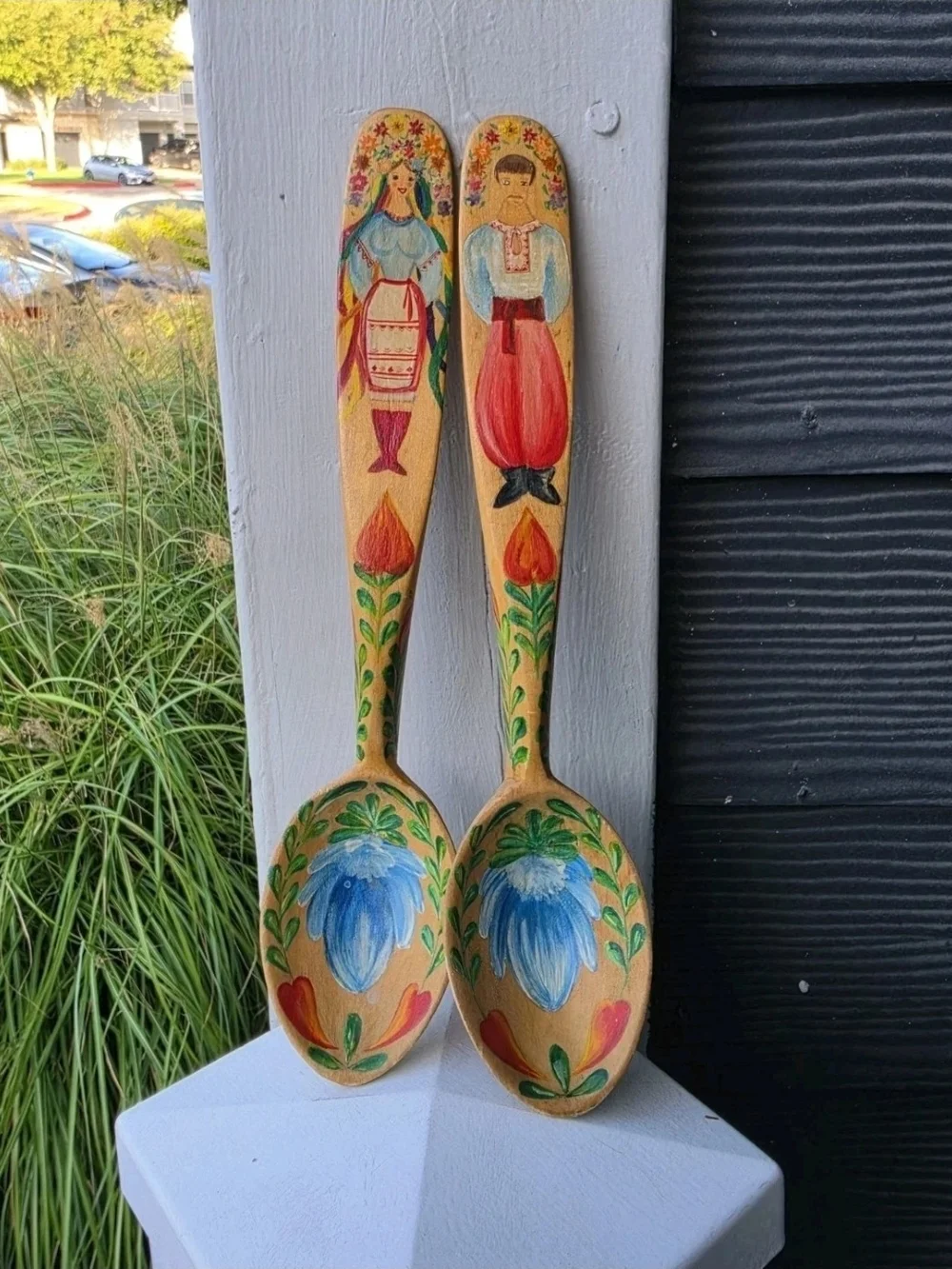 Ukrainian Folk Art Signed Pair Of Hand Painted Wooden Spoons Couple Wall Decor